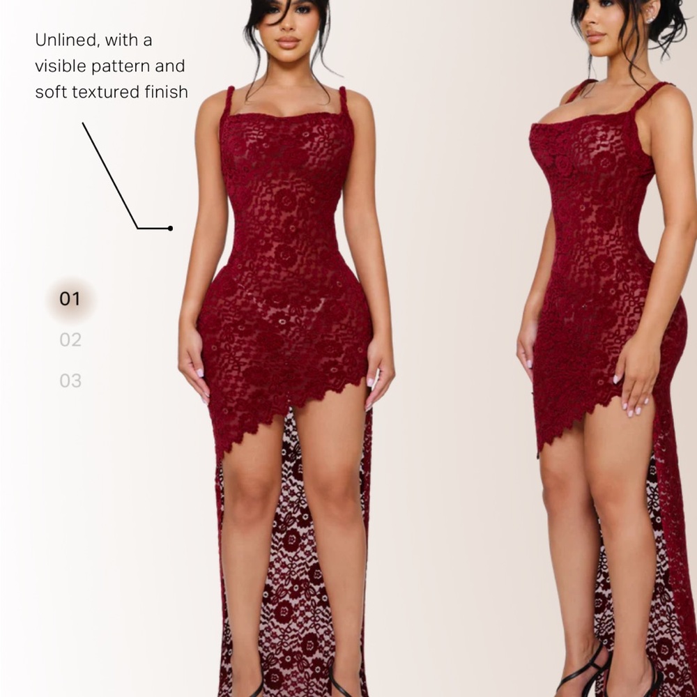 Coucoo Chic High-Low Lace Dress in Deep Red